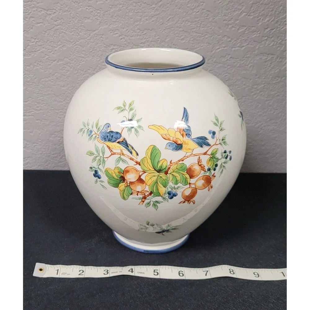 VTG 1980s Hand Painted Ceramic Bird Vase Large Heavy Earthenware Fruit Ovoid 8